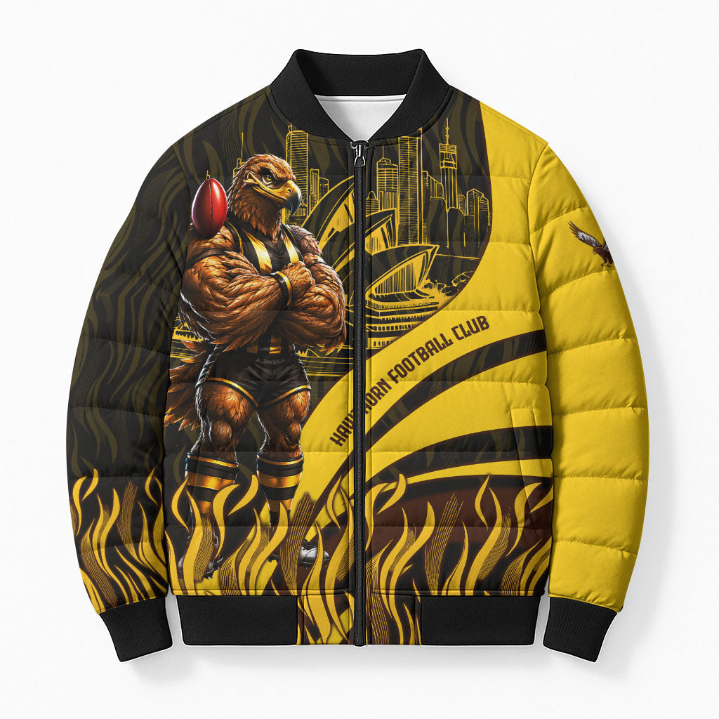 Personalised Hawthorn Hawks Football Bomber Puffer Jacket Australian City Skyline Graphic Fierce Mascot Art