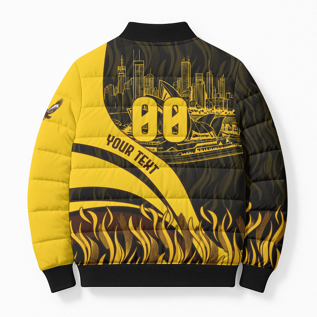 Personalised Hawthorn Hawks Football Bomber Puffer Jacket Australian City Skyline Graphic Fierce Mascot Art