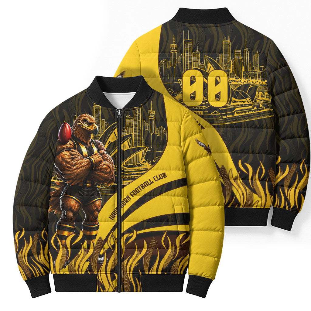 Personalised Hawthorn Hawks Football Bomber Puffer Jacket Australian City Skyline Graphic Fierce Mascot Art