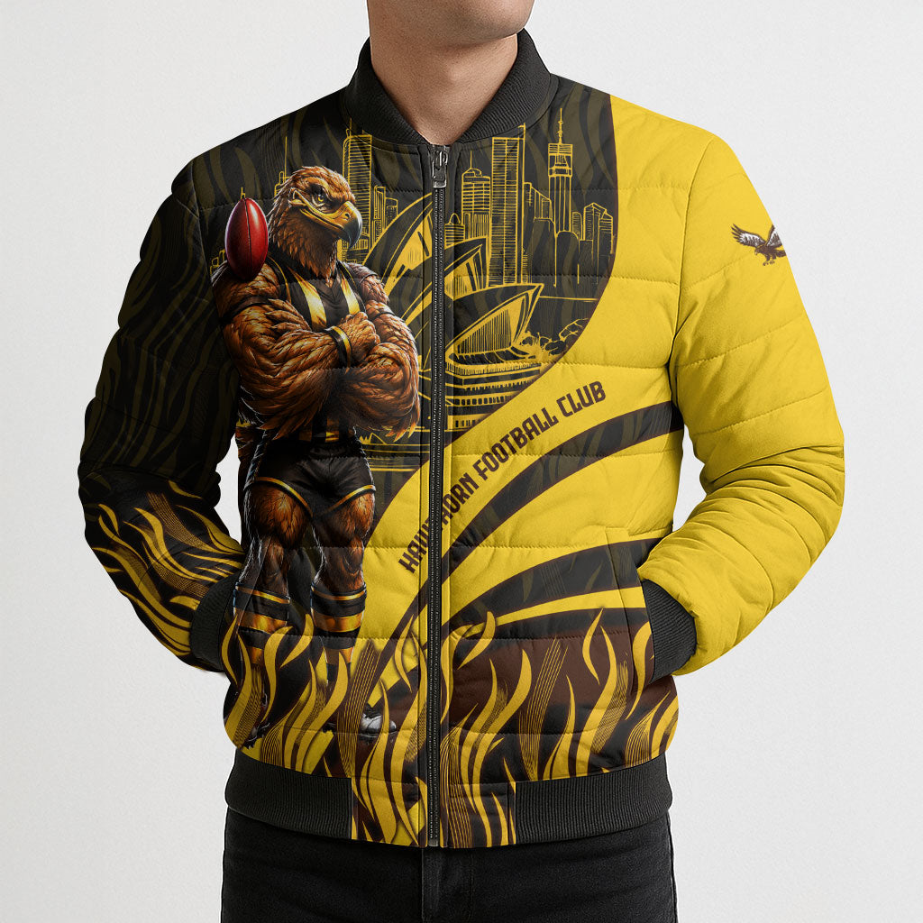 Personalised Hawthorn Hawks Football Bomber Puffer Jacket Australian City Skyline Graphic Fierce Mascot Art