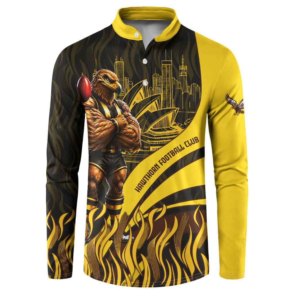 Personalised Hawthorn Hawks Football Button Sweatshirt Australian City Skyline Graphic Fierce Mascot Art