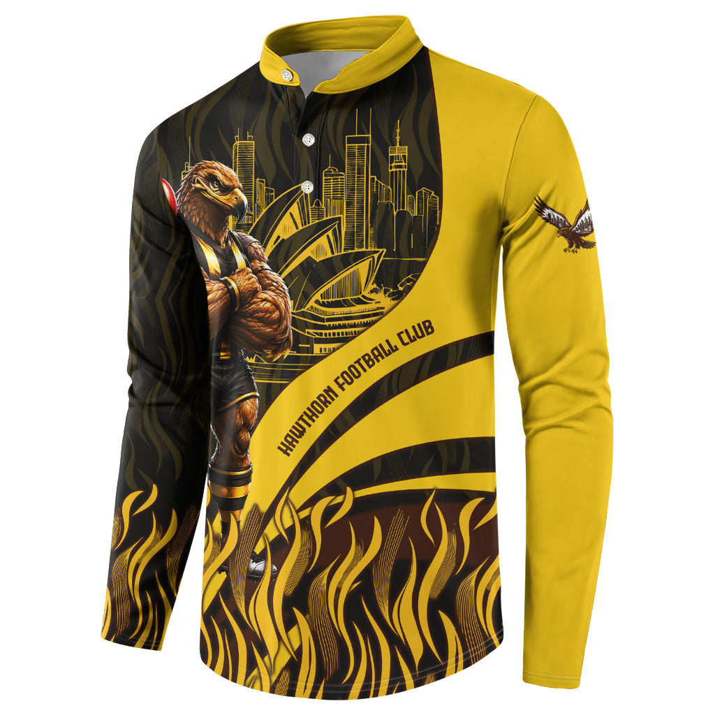 Personalised Hawthorn Hawks Football Button Sweatshirt Australian City Skyline Graphic Fierce Mascot Art