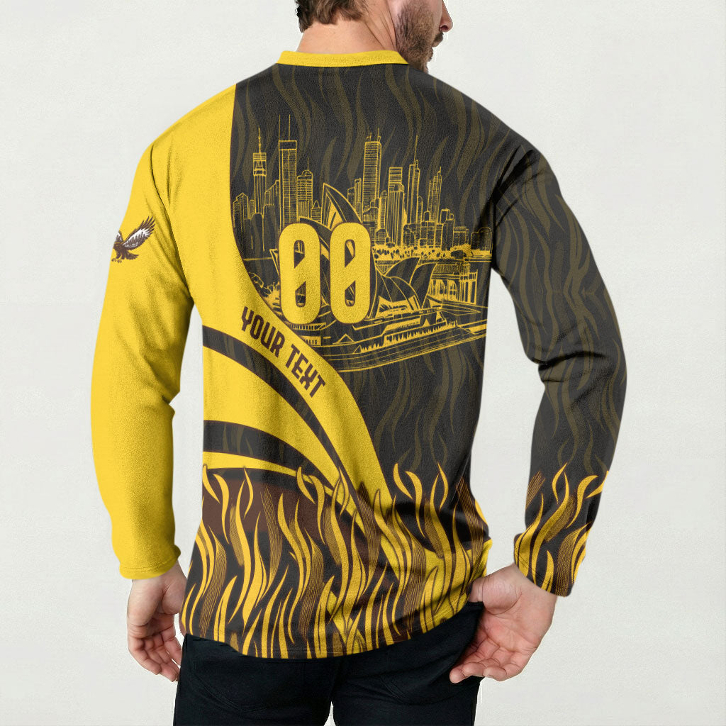 Personalised Hawthorn Hawks Football Button Sweatshirt Australian City Skyline Graphic Fierce Mascot Art