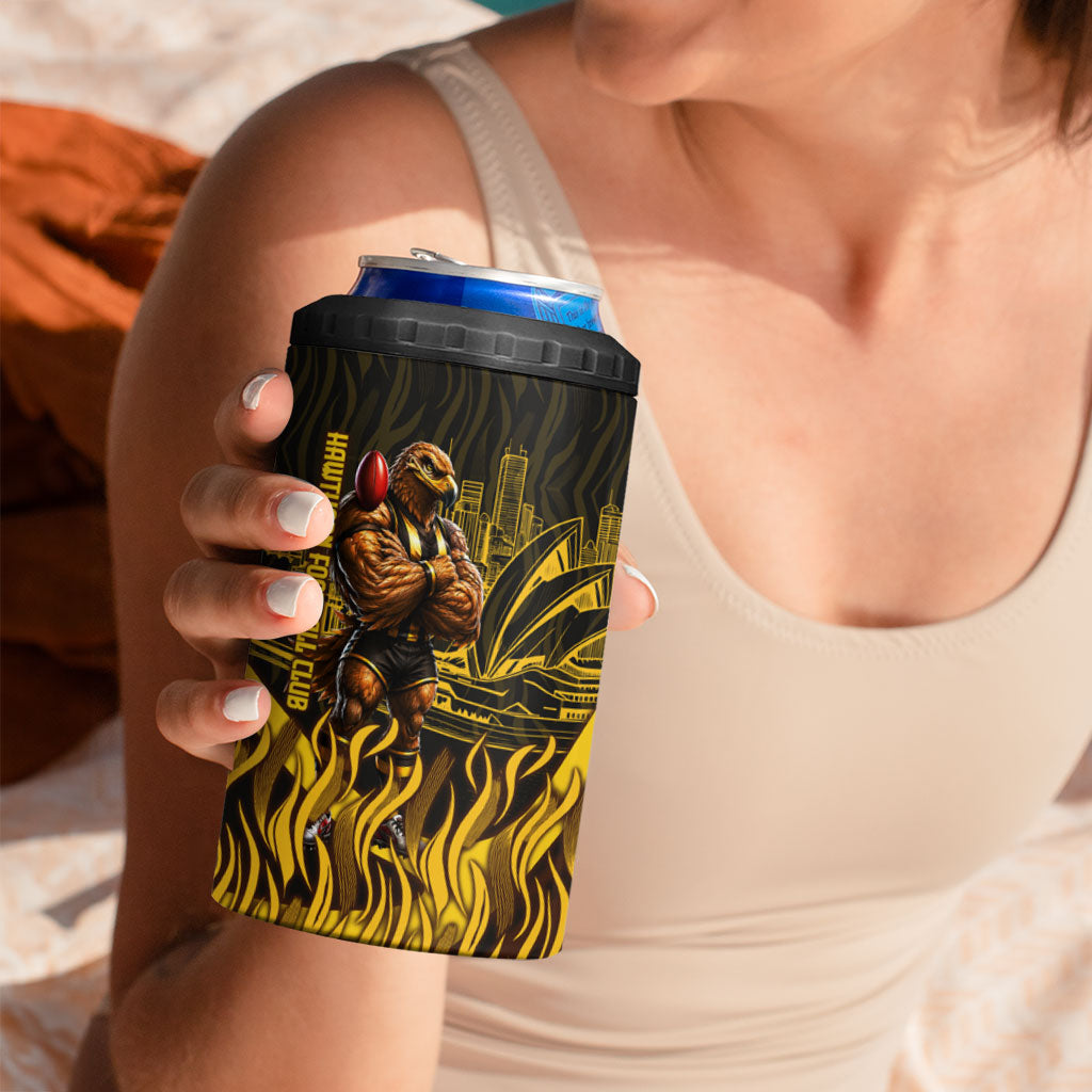 Personalised Hawthorn Hawks Football 4 in 1 Can Cooler Tumbler Australian City Skyline Graphic Fierce Mascot Art