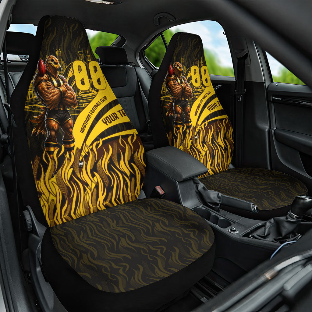 Personalised Hawthorn Hawks Football Car Seat Cover Australian City Skyline Graphic Fierce Mascot Art
