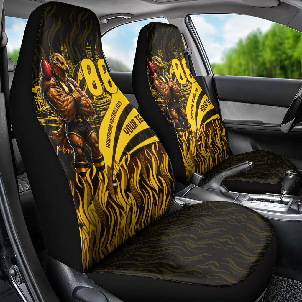 Personalised Hawthorn Hawks Football Car Seat Cover Australian City Skyline Graphic Fierce Mascot Art