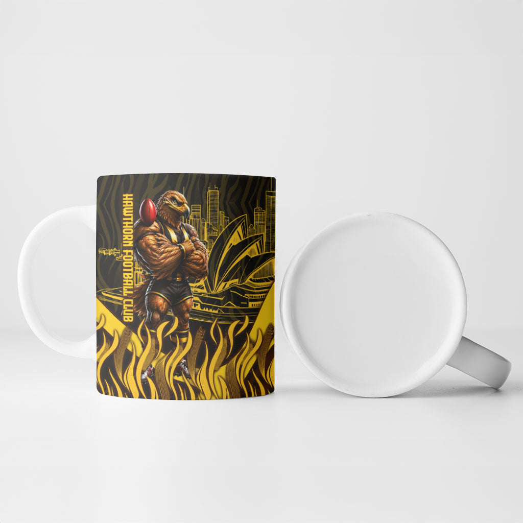 Personalised Hawthorn Hawks Football Ceramic Mug Australian City Skyline Graphic Fierce Mascot Art