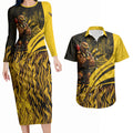 Personalised Hawthorn Hawks Football Couples Matching Long Sleeve Bodycon Dress and Hawaiian Shirt Australian City Skyline Graphic Fierce Mascot Art