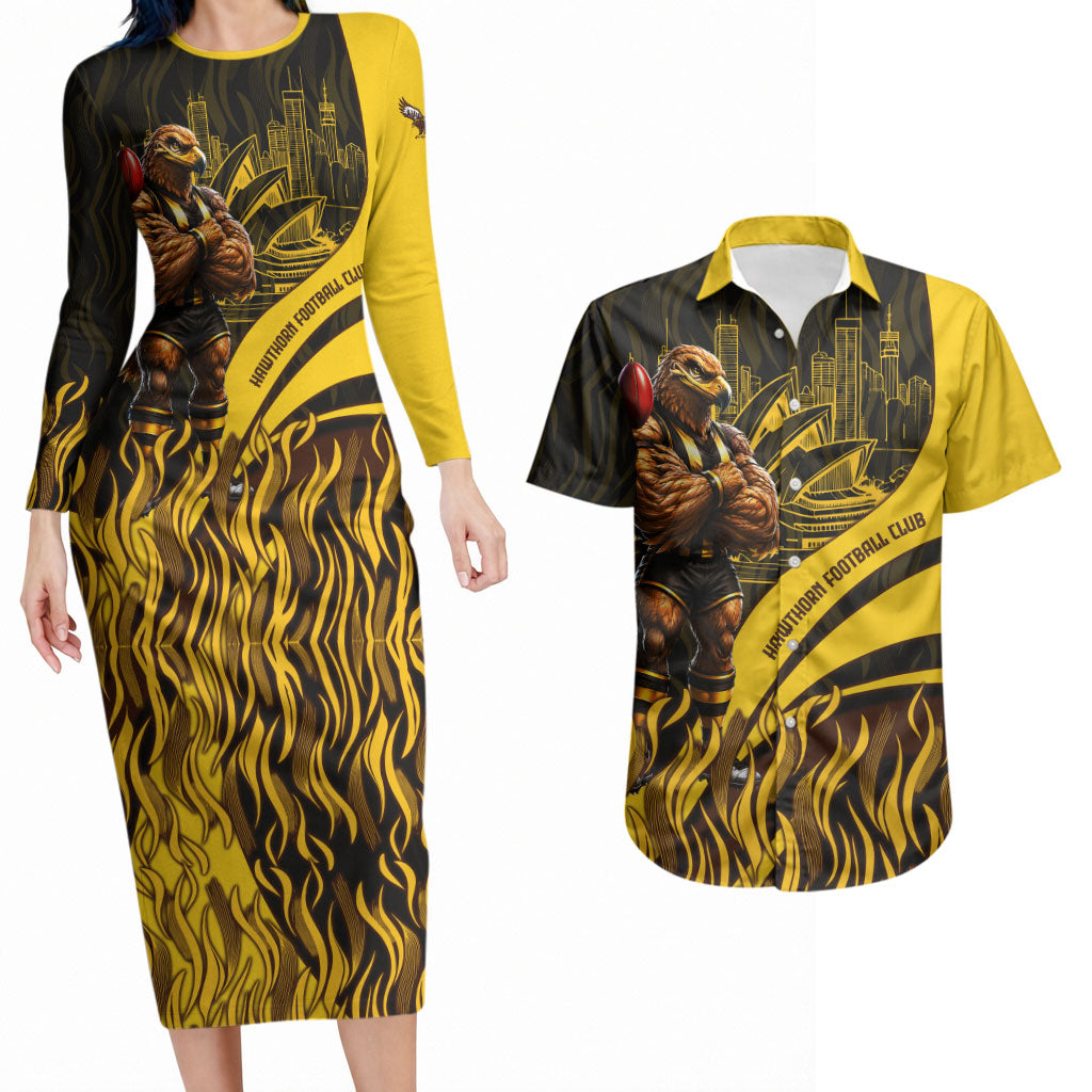 Personalised Hawthorn Hawks Football Couples Matching Long Sleeve Bodycon Dress and Hawaiian Shirt Australian City Skyline Graphic Fierce Mascot Art