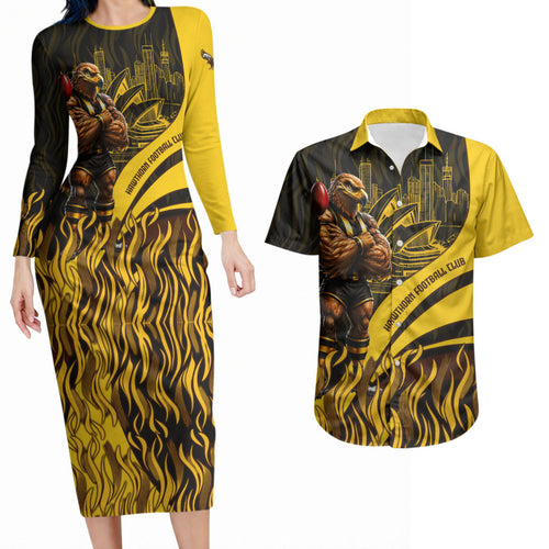 Personalised Hawthorn Hawks Football Couples Matching Long Sleeve Bodycon Dress and Hawaiian Shirt Australian City Skyline Graphic Fierce Mascot Art