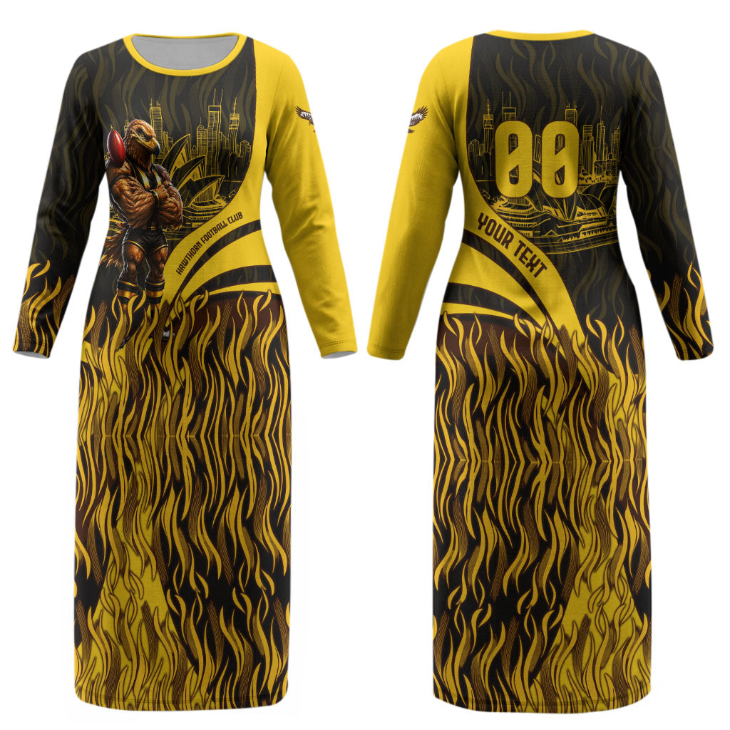 Personalised Hawthorn Hawks Football Couples Matching Long Sleeve Bodycon Dress and Hawaiian Shirt Australian City Skyline Graphic Fierce Mascot Art
