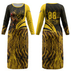 Personalised Hawthorn Hawks Football Couples Matching Long Sleeve Bodycon Dress and Hawaiian Shirt Australian City Skyline Graphic Fierce Mascot Art