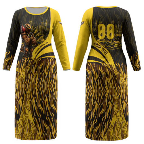 Personalised Hawthorn Hawks Football Couples Matching Long Sleeve Bodycon Dress and Hawaiian Shirt Australian City Skyline Graphic Fierce Mascot Art