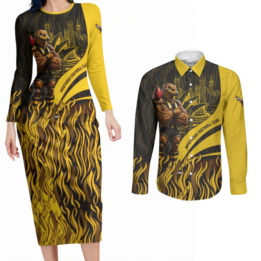 Personalised Hawthorn Hawks Football Couples Matching Long Sleeve Bodycon Dress and Long Sleeve Button Shirt Australian City Skyline Graphic Fierce Mascot Art