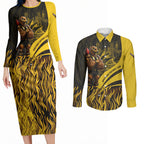Personalised Hawthorn Hawks Football Couples Matching Long Sleeve Bodycon Dress and Long Sleeve Button Shirt Australian City Skyline Graphic Fierce Mascot Art