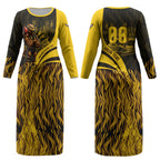 Personalised Hawthorn Hawks Football Couples Matching Long Sleeve Bodycon Dress and Long Sleeve Button Shirt Australian City Skyline Graphic Fierce Mascot Art