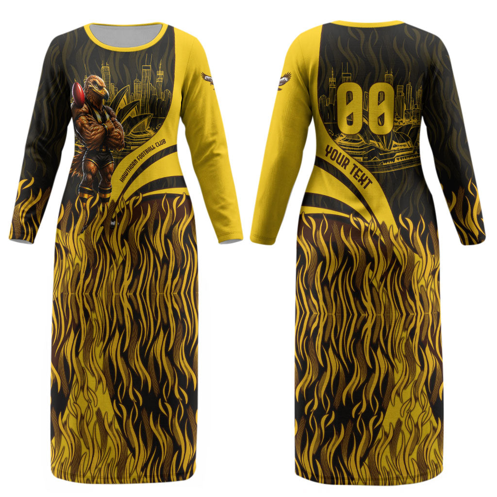 Personalised Hawthorn Hawks Football Couples Matching Long Sleeve Bodycon Dress and Long Sleeve Button Shirt Australian City Skyline Graphic Fierce Mascot Art