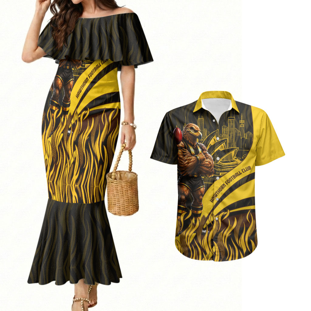 Personalised Hawthorn Hawks Football Couples Matching Mermaid Dress and Hawaiian Shirt Australian City Skyline Graphic Fierce Mascot Art