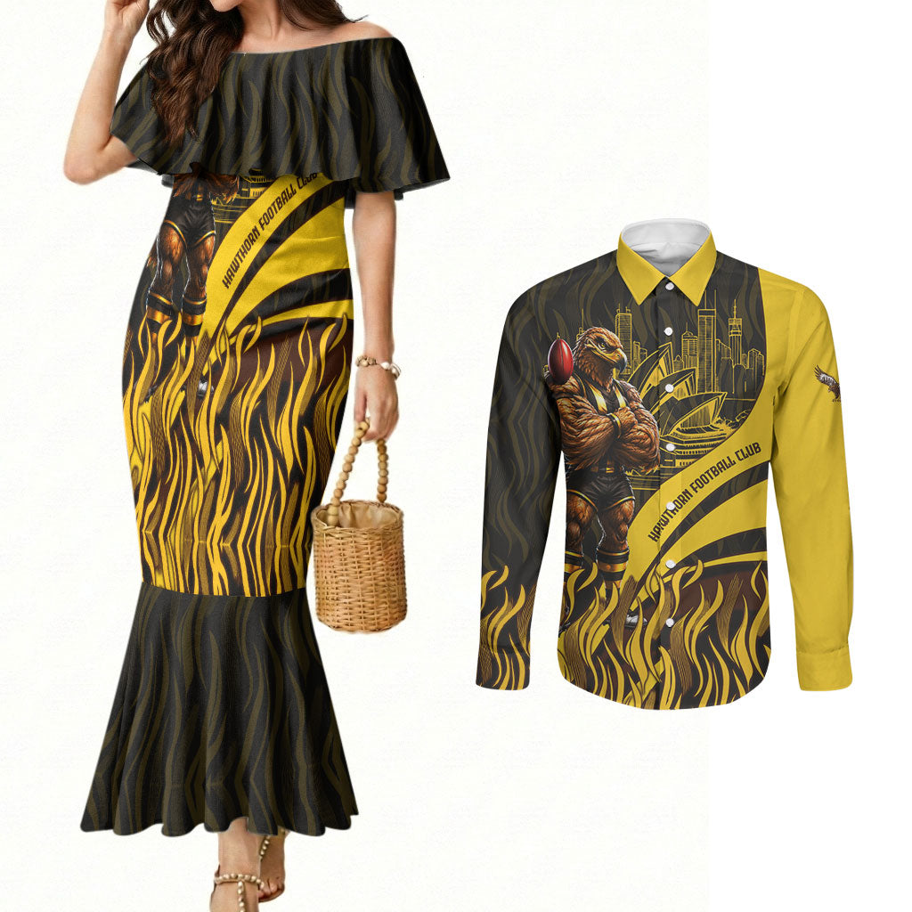 Personalised Hawthorn Hawks Football Couples Matching Mermaid Dress and Long Sleeve Button Shirt Australian City Skyline Graphic Fierce Mascot Art