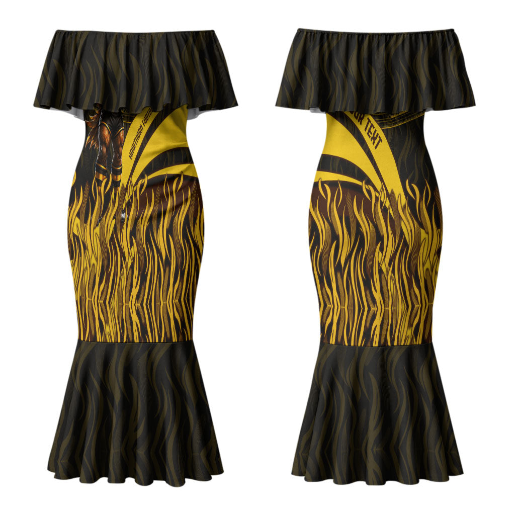 Personalised Hawthorn Hawks Football Couples Matching Mermaid Dress and Long Sleeve Button Shirt Australian City Skyline Graphic Fierce Mascot Art