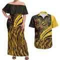 Personalised Hawthorn Hawks Football Couples Matching Off Shoulder Maxi Dress and Hawaiian Shirt Australian City Skyline Graphic Fierce Mascot Art