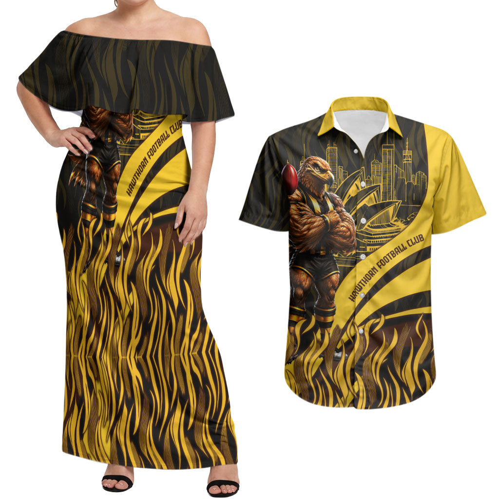 Personalised Hawthorn Hawks Football Couples Matching Off Shoulder Maxi Dress and Hawaiian Shirt Australian City Skyline Graphic Fierce Mascot Art