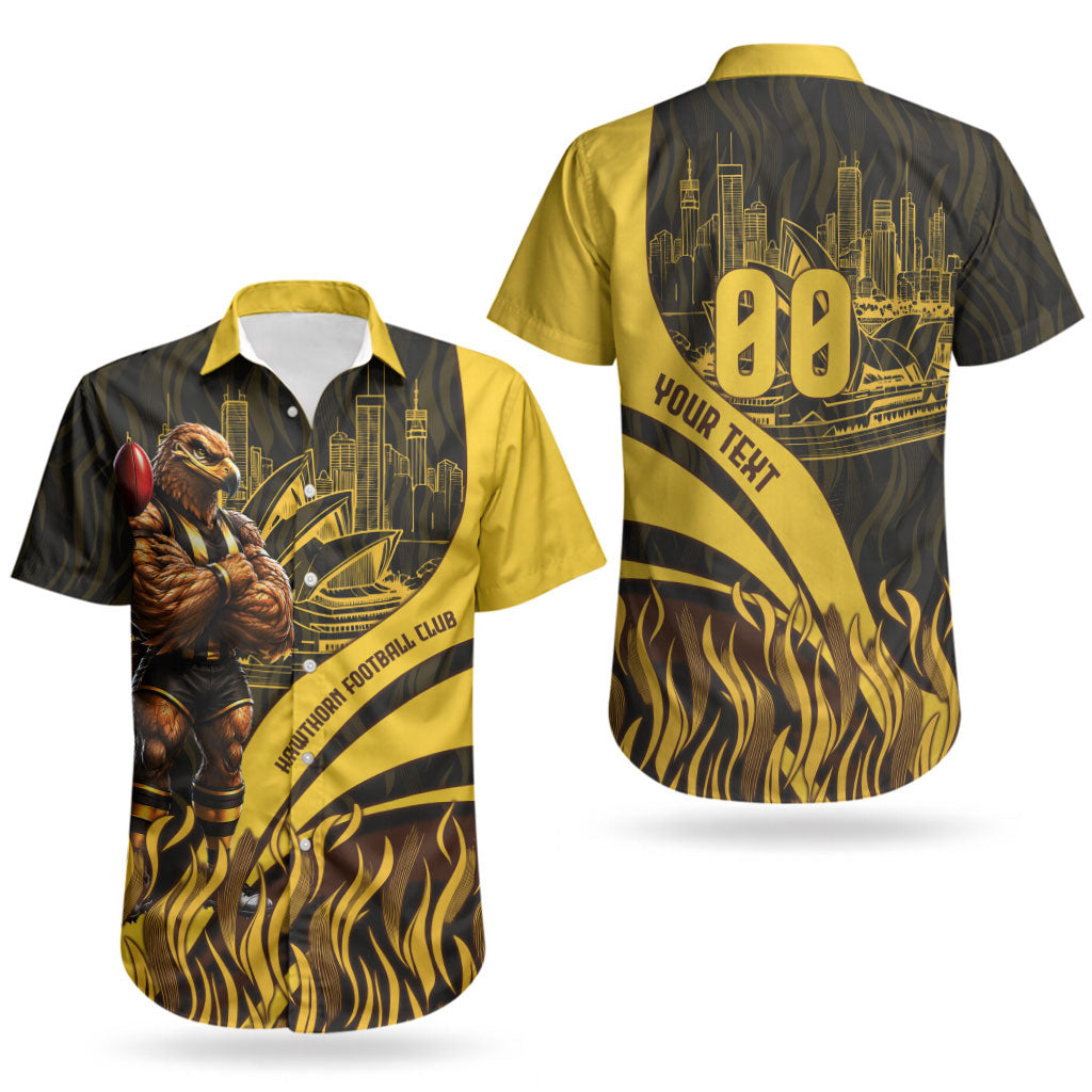 Personalised Hawthorn Hawks Football Couples Matching Off Shoulder Maxi Dress and Hawaiian Shirt Australian City Skyline Graphic Fierce Mascot Art