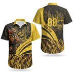 Personalised Hawthorn Hawks Football Couples Matching Off Shoulder Maxi Dress and Hawaiian Shirt Australian City Skyline Graphic Fierce Mascot Art