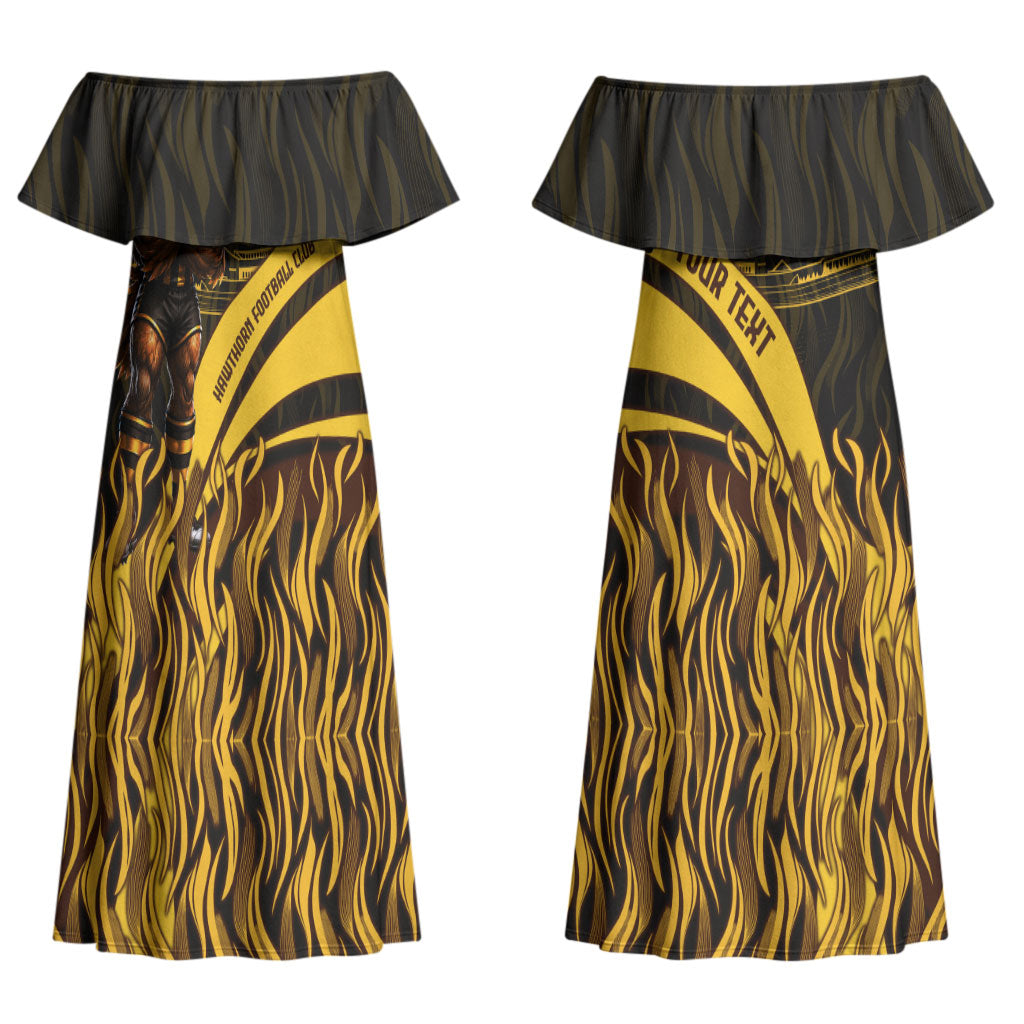 Personalised Hawthorn Hawks Football Couples Matching Off Shoulder Maxi Dress and Hawaiian Shirt Australian City Skyline Graphic Fierce Mascot Art