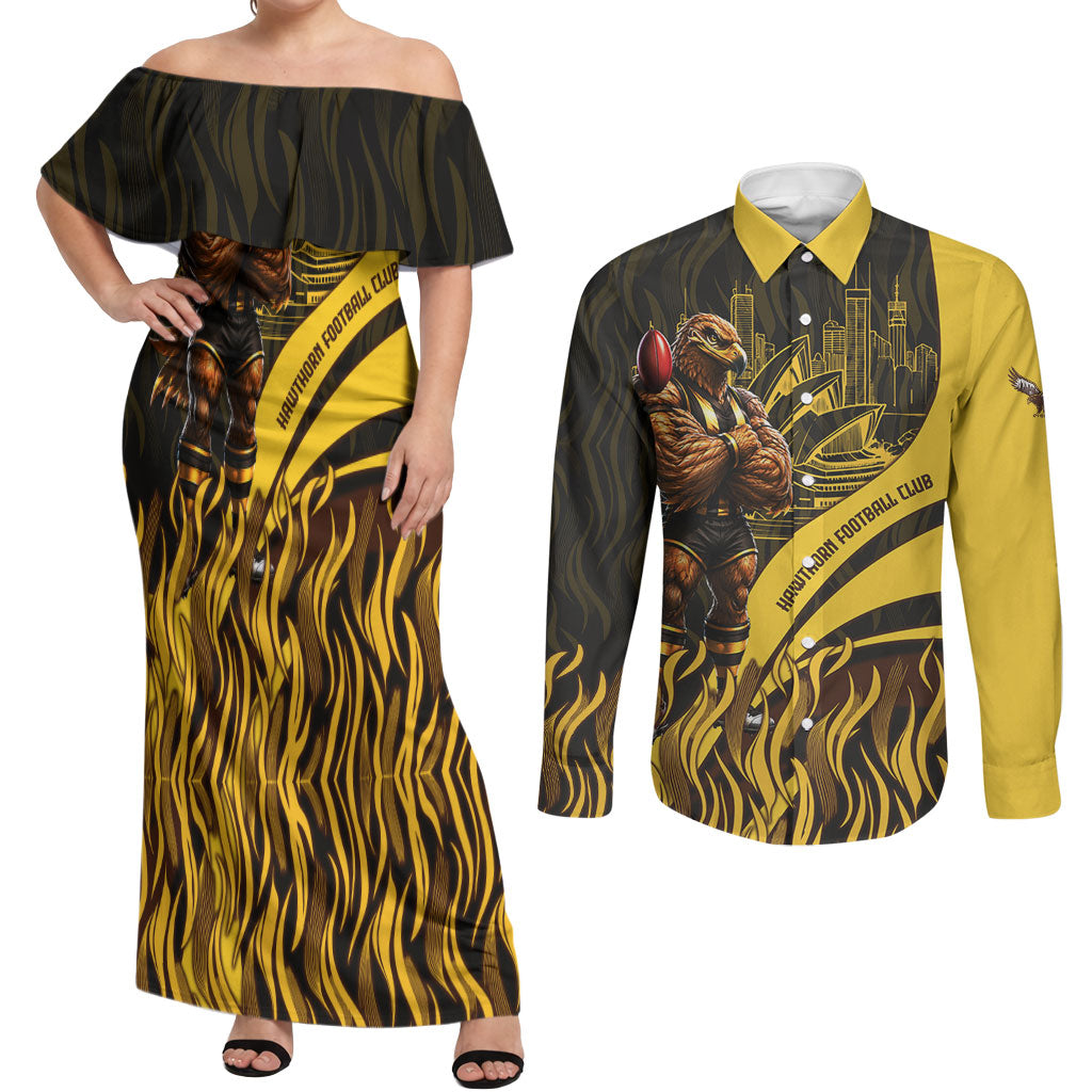 Personalised Hawthorn Hawks Football Couples Matching Off Shoulder Maxi Dress and Long Sleeve Button Shirt Australian City Skyline Graphic Fierce Mascot Art