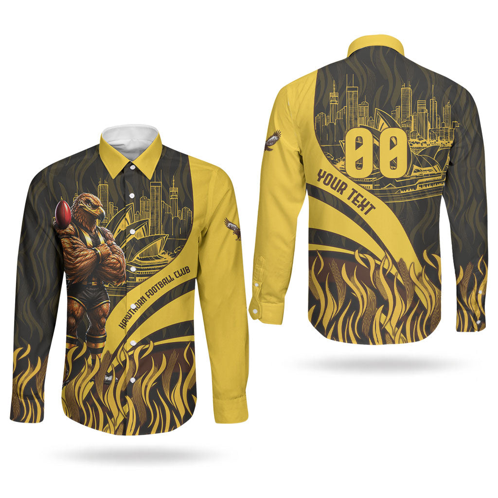 Personalised Hawthorn Hawks Football Couples Matching Off Shoulder Maxi Dress and Long Sleeve Button Shirt Australian City Skyline Graphic Fierce Mascot Art