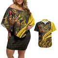 Personalised Hawthorn Hawks Football Couples Matching Off Shoulder Short Dress and Hawaiian Shirt Australian City Skyline Graphic Fierce Mascot Art
