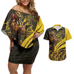Personalised Hawthorn Hawks Football Couples Matching Off Shoulder Short Dress and Hawaiian Shirt Australian City Skyline Graphic Fierce Mascot Art