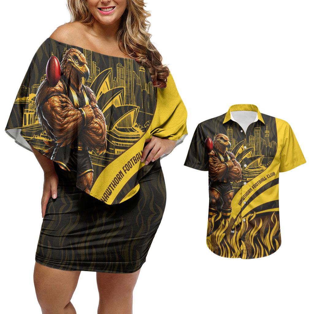 Personalised Hawthorn Hawks Football Couples Matching Off Shoulder Short Dress and Hawaiian Shirt Australian City Skyline Graphic Fierce Mascot Art