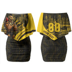 Personalised Hawthorn Hawks Football Couples Matching Off Shoulder Short Dress and Hawaiian Shirt Australian City Skyline Graphic Fierce Mascot Art