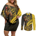 Personalised Hawthorn Hawks Football Couples Matching Off Shoulder Short Dress and Long Sleeve Button Shirt Australian City Skyline Graphic Fierce Mascot Art