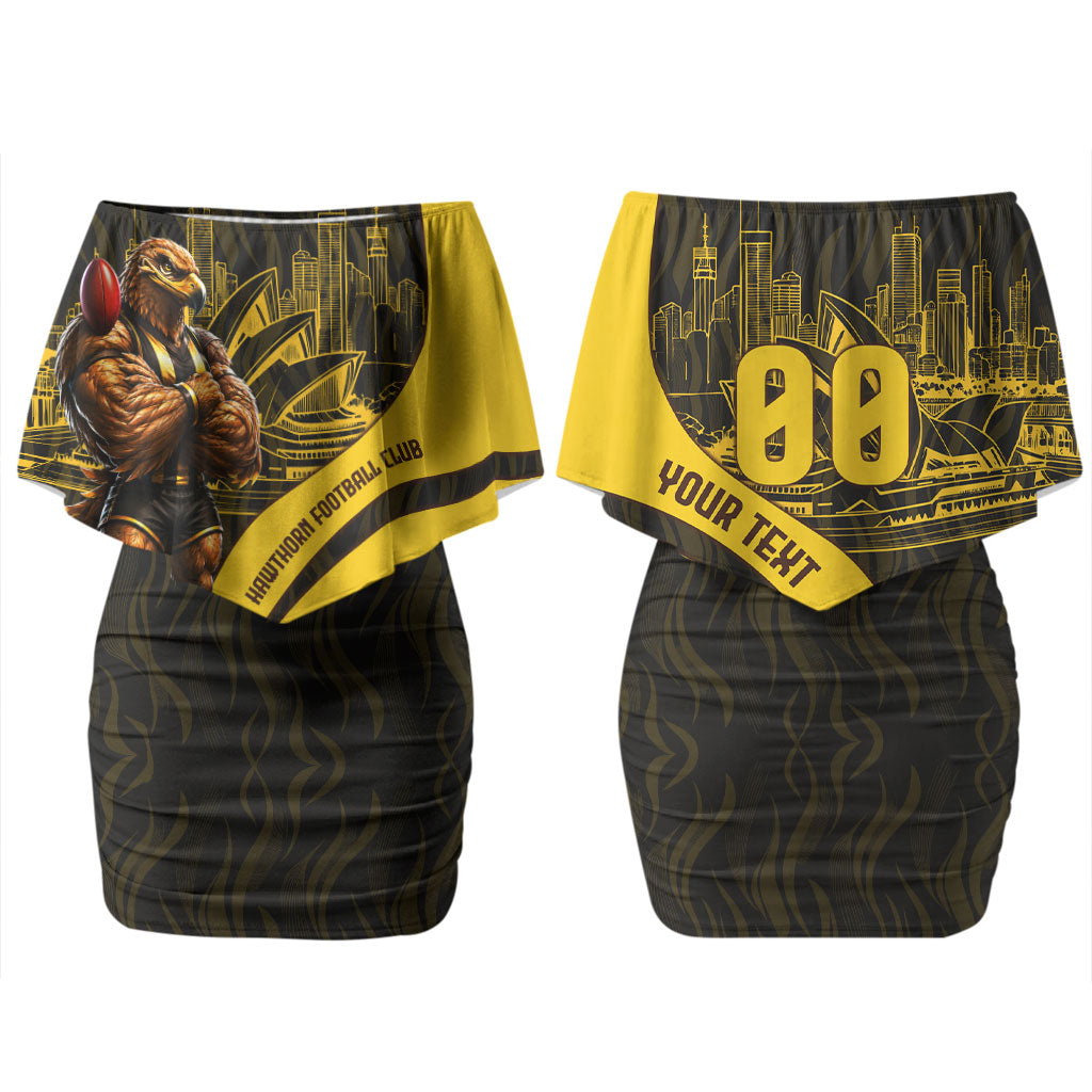 Personalised Hawthorn Hawks Football Couples Matching Off Shoulder Short Dress and Long Sleeve Button Shirt Australian City Skyline Graphic Fierce Mascot Art
