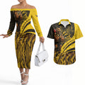 Personalised Hawthorn Hawks Football Couples Matching Off The Shoulder Long Sleeve Dress and Hawaiian Shirt Australian City Skyline Graphic Fierce Mascot Art