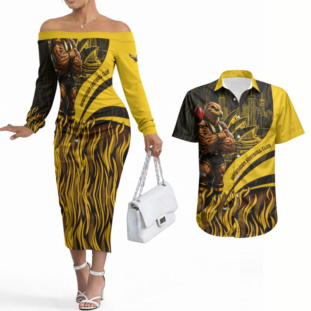 Personalised Hawthorn Hawks Football Couples Matching Off The Shoulder Long Sleeve Dress and Hawaiian Shirt Australian City Skyline Graphic Fierce Mascot Art