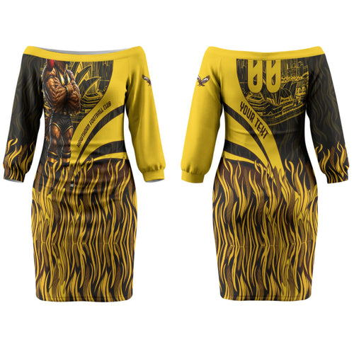 Personalised Hawthorn Hawks Football Couples Matching Off The Shoulder Long Sleeve Dress and Hawaiian Shirt Australian City Skyline Graphic Fierce Mascot Art