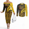 Personalised Hawthorn Hawks Football Couples Matching Off The Shoulder Long Sleeve Dress and Long Sleeve Button Shirt Australian City Skyline Graphic Fierce Mascot Art