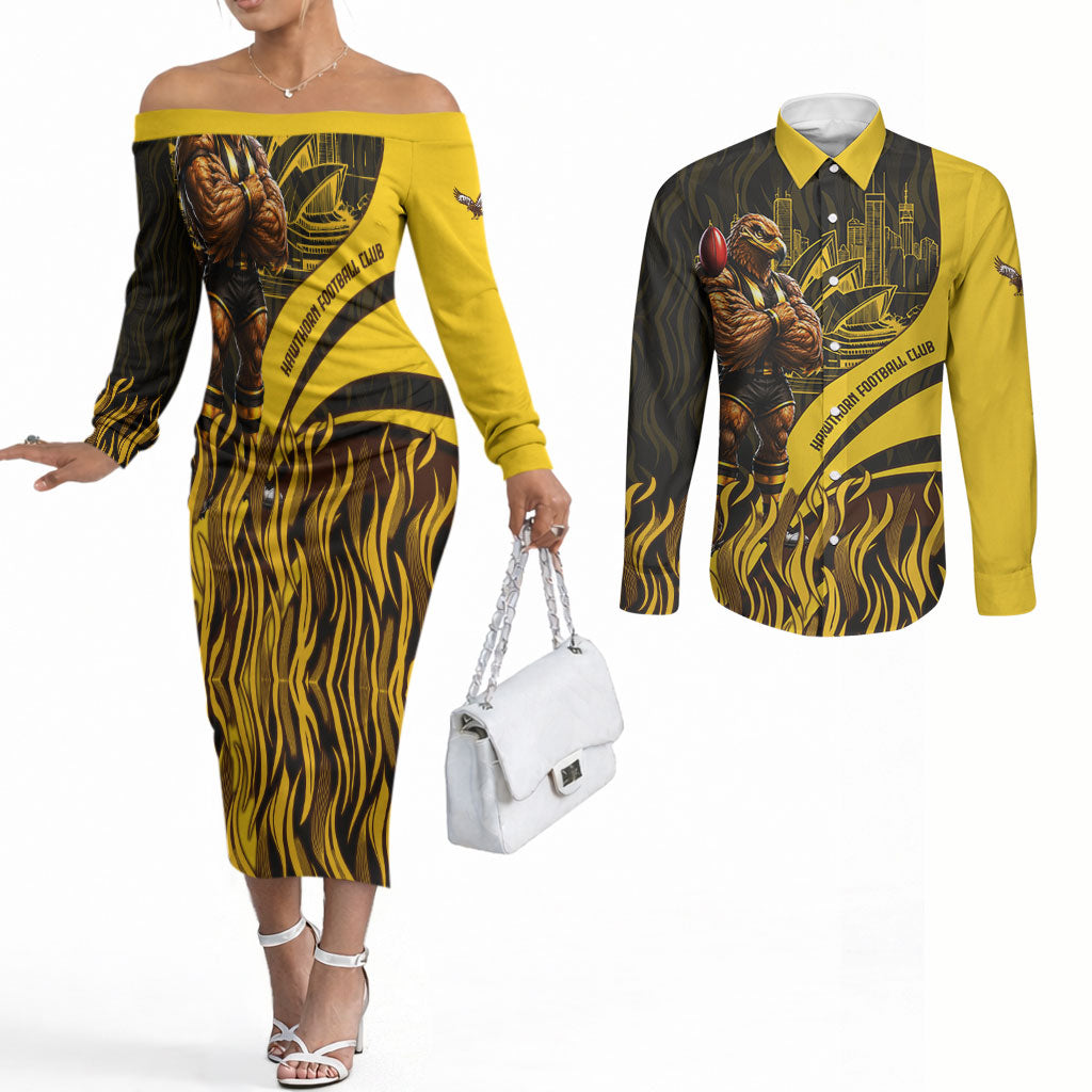 Personalised Hawthorn Hawks Football Couples Matching Off The Shoulder Long Sleeve Dress and Long Sleeve Button Shirt Australian City Skyline Graphic Fierce Mascot Art