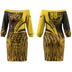 Personalised Hawthorn Hawks Football Couples Matching Off The Shoulder Long Sleeve Dress and Long Sleeve Button Shirt Australian City Skyline Graphic Fierce Mascot Art