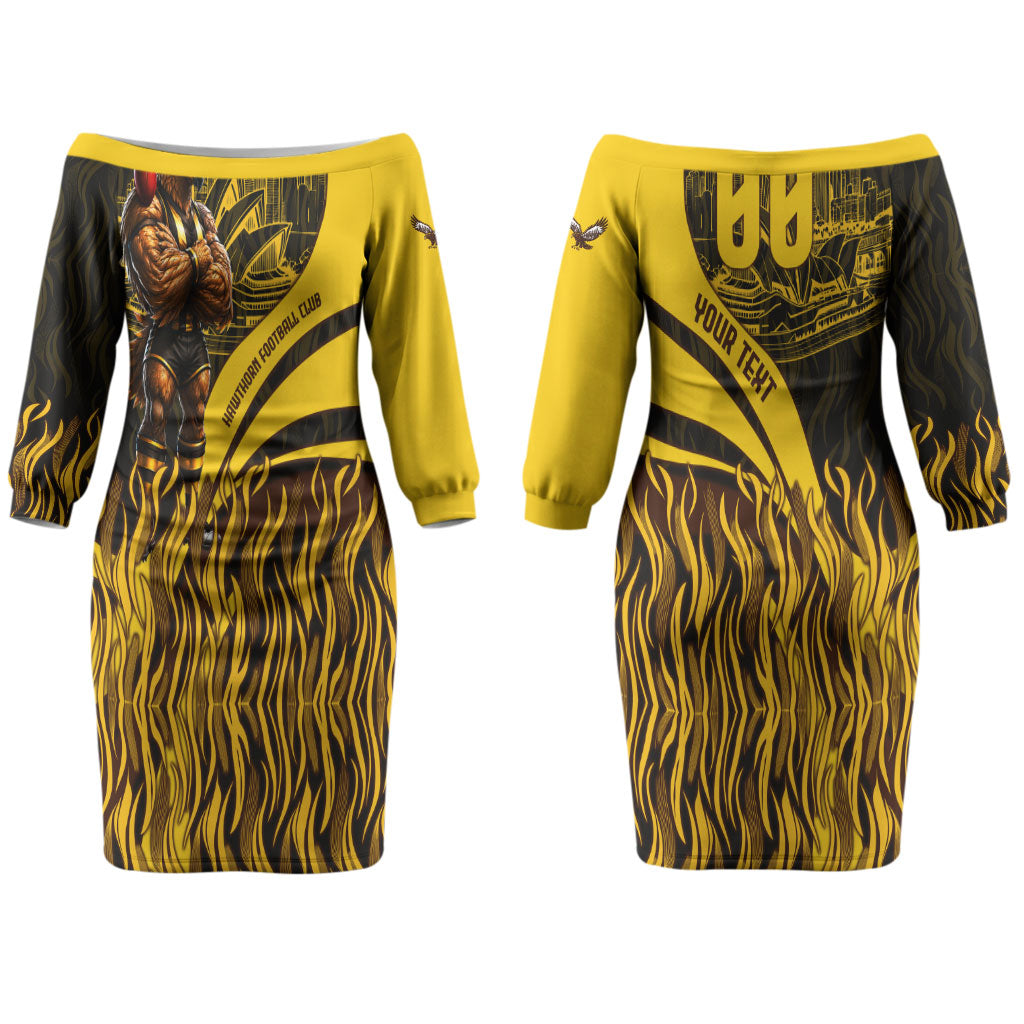 Personalised Hawthorn Hawks Football Couples Matching Off The Shoulder Long Sleeve Dress and Long Sleeve Button Shirt Australian City Skyline Graphic Fierce Mascot Art