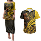 Personalised Hawthorn Hawks Football Couples Matching Puletasi and Hawaiian Shirt Australian City Skyline Graphic Fierce Mascot Art