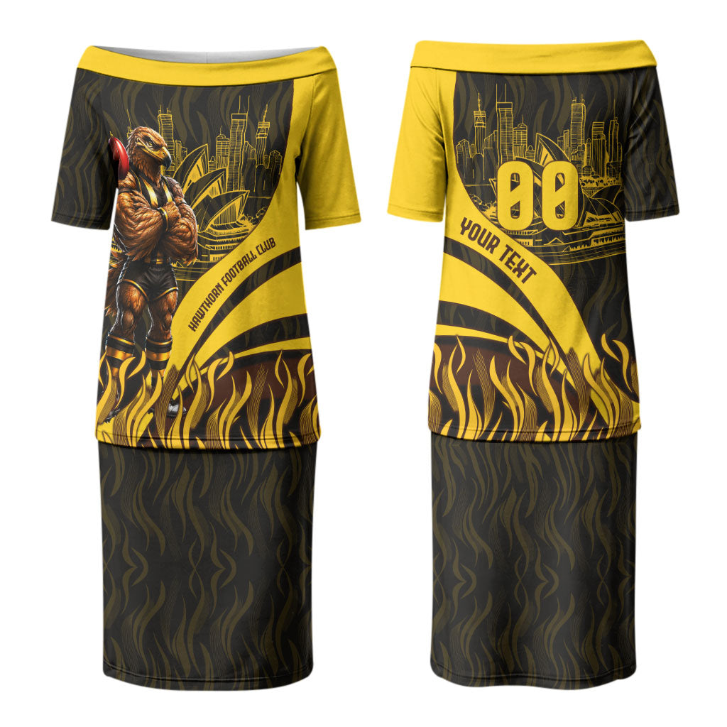Personalised Hawthorn Hawks Football Couples Matching Puletasi and Hawaiian Shirt Australian City Skyline Graphic Fierce Mascot Art