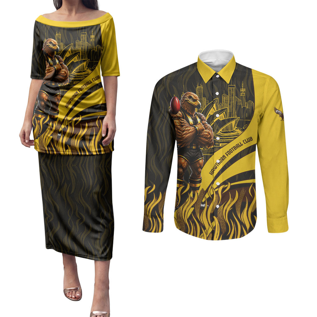 Personalised Hawthorn Hawks Football Couples Matching Puletasi and Long Sleeve Button Shirt Australian City Skyline Graphic Fierce Mascot Art