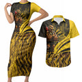 Personalised Hawthorn Hawks Football Couples Matching Short Sleeve Bodycon Dress and Hawaiian Shirt Australian City Skyline Graphic Fierce Mascot Art
