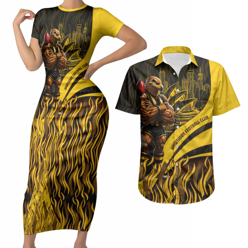Personalised Hawthorn Hawks Football Couples Matching Short Sleeve Bodycon Dress and Hawaiian Shirt Australian City Skyline Graphic Fierce Mascot Art
