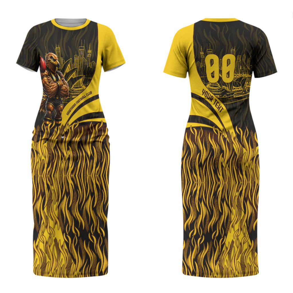 Personalised Hawthorn Hawks Football Couples Matching Short Sleeve Bodycon Dress and Hawaiian Shirt Australian City Skyline Graphic Fierce Mascot Art